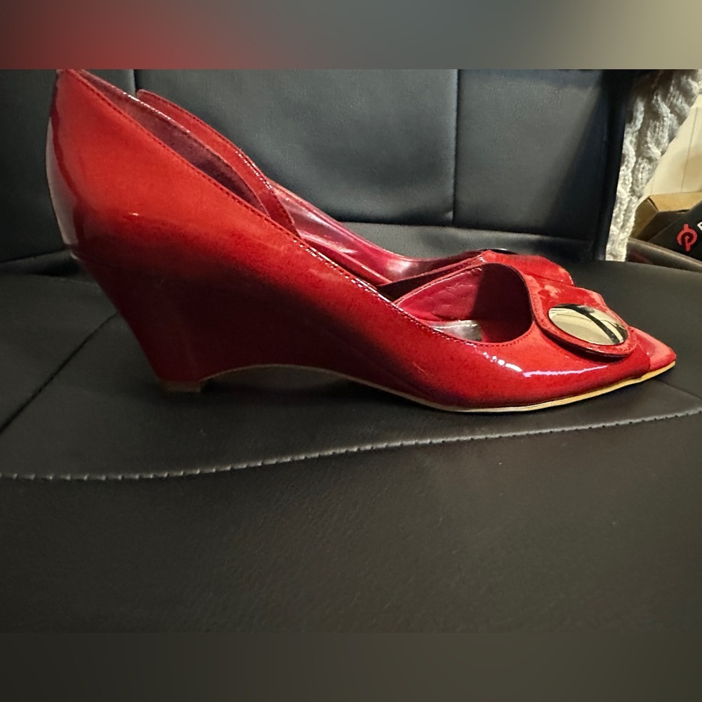 Only worn once! Red patent peep toe wedges.